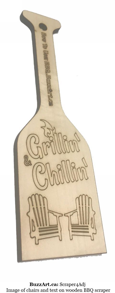 Image of chairs and text on wooden BBQ scraper